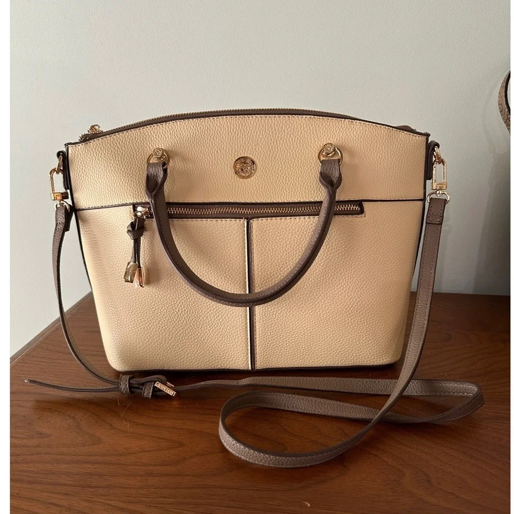Anne Klein Two Tone Pebbled Satchel Crossbody Bag Beige Taupe Gold Tone NWOT